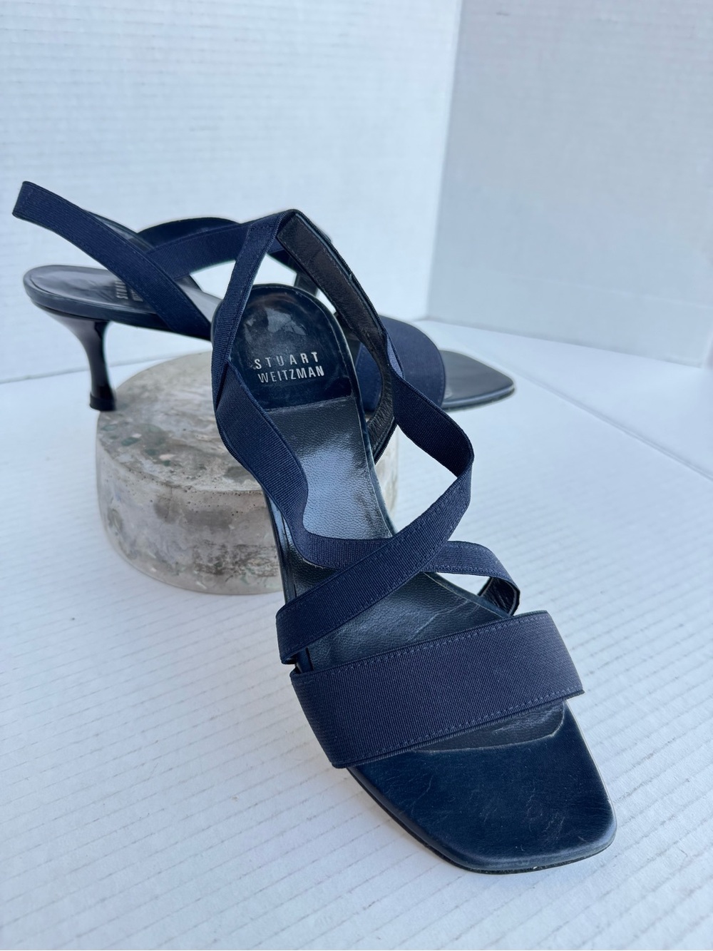 Stuart Weitzman Navy Elastic Strappy Kitten Heel Sandals